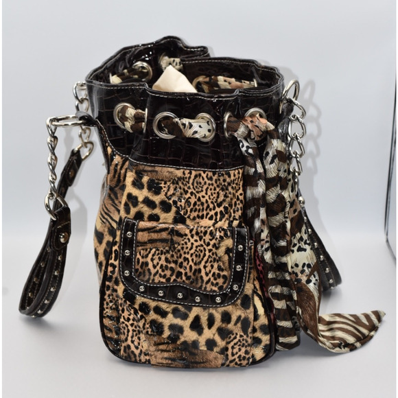 USTYLE Animal Print Western Handbag Rhinestones & Studs Dual Handles - Picture 5 of 8